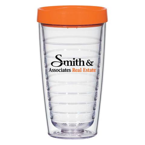 Clear Smith and Associates tumbler with orange lid