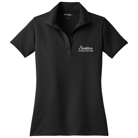 Black ladies polo shirt with white logo