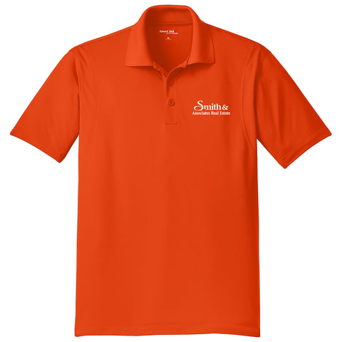 Orange mens polo shirt with white logo